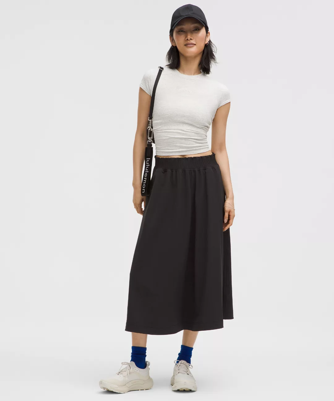 Stretch Woven Ruffle-Waist Midi Skirt