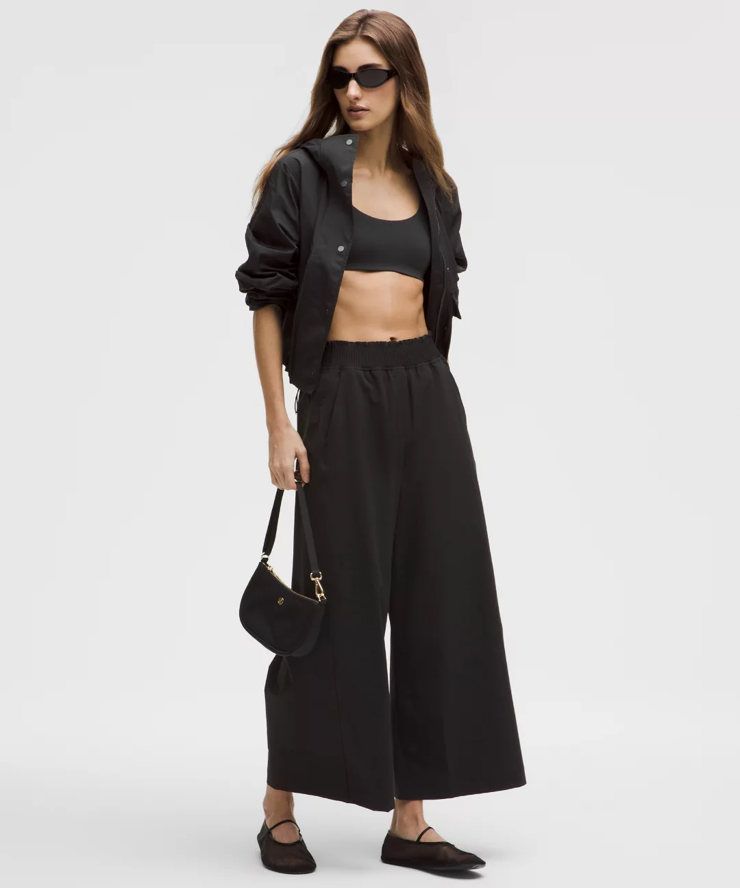Stretch Woven Ruffle-Waist Wide-Leg Cropped Pant