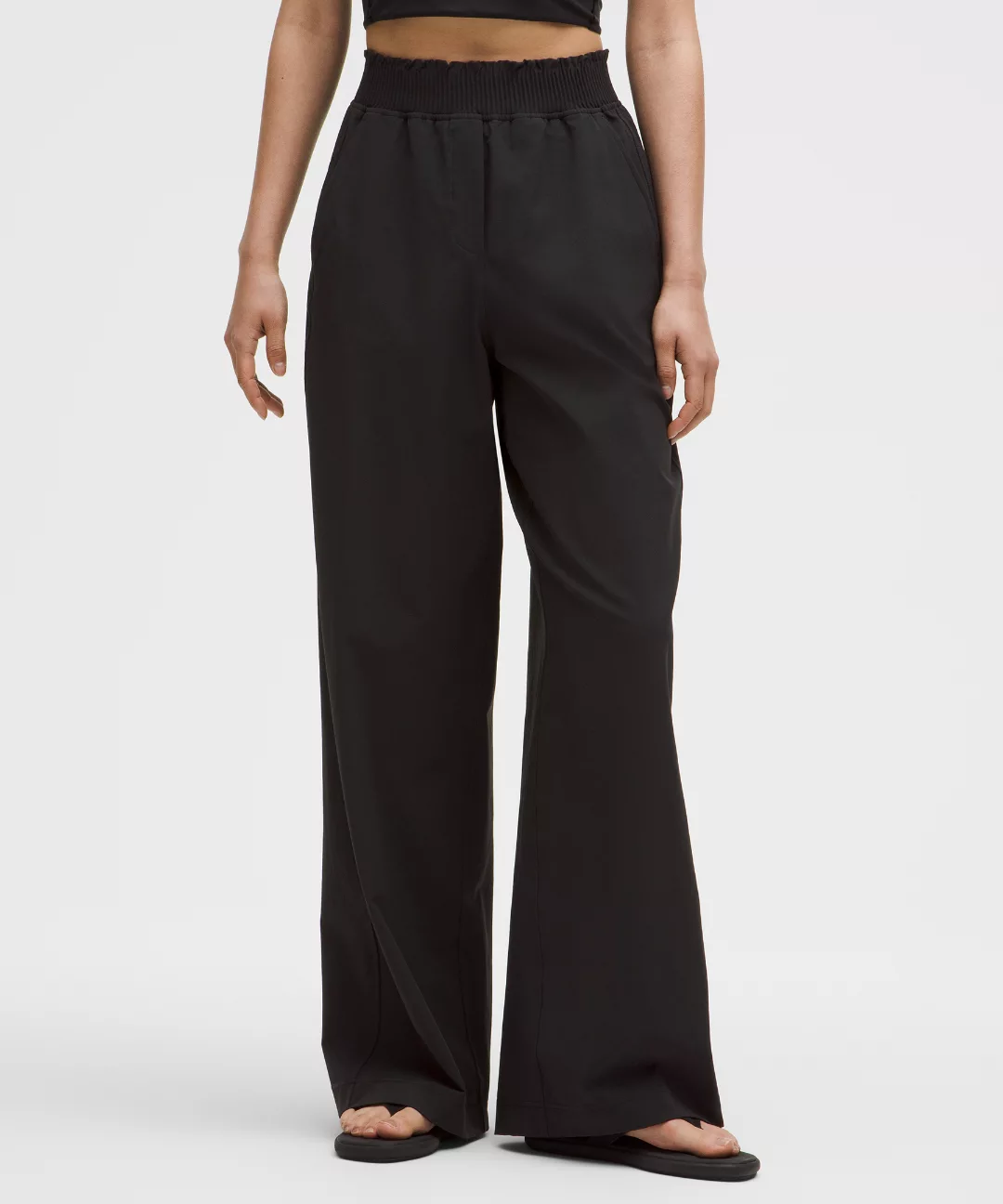 Stretch Woven Ruffle-Waist Wide-Leg Pant