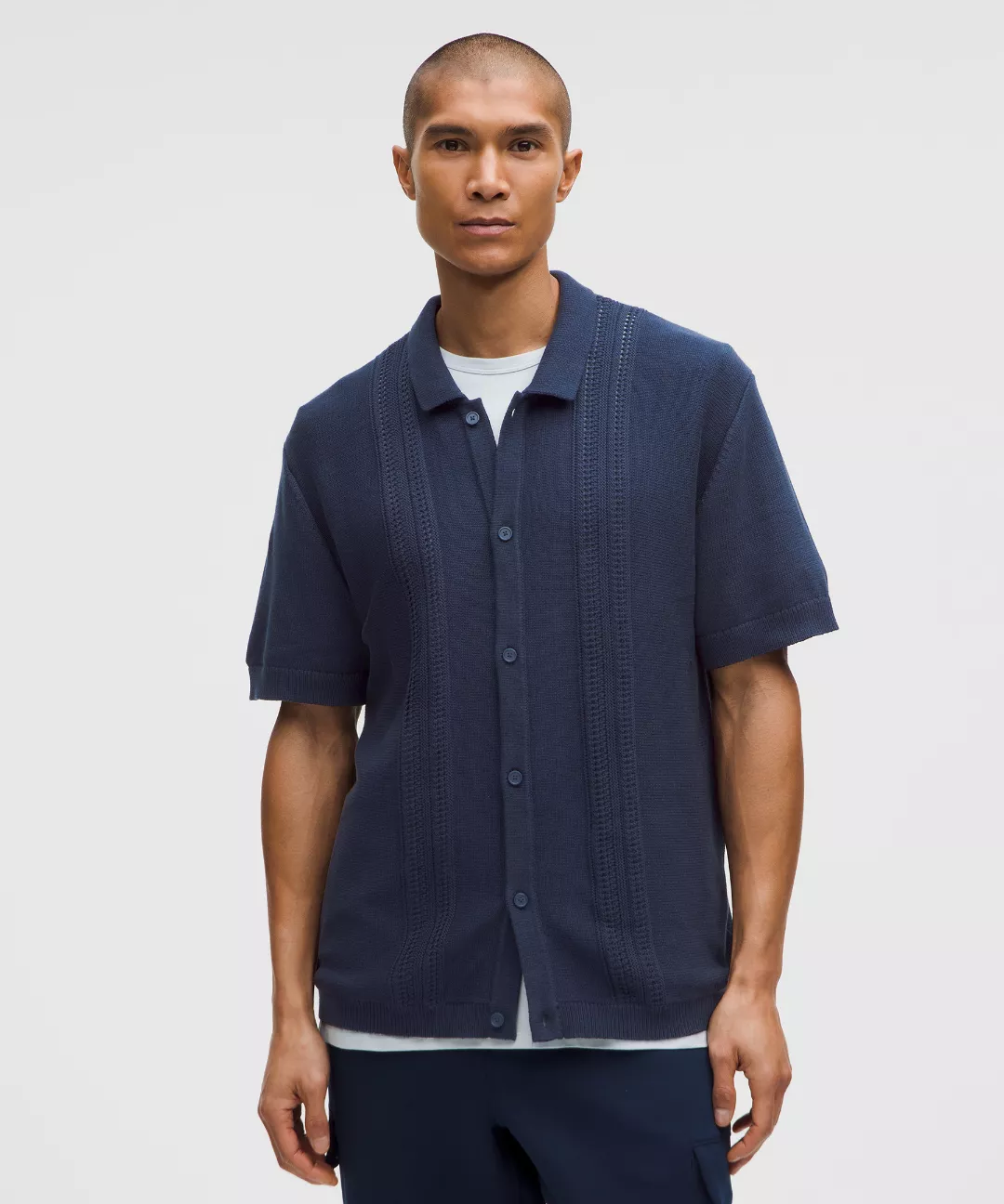 Cotton-Blend Knit Button Up Short-Sleeve Shirt