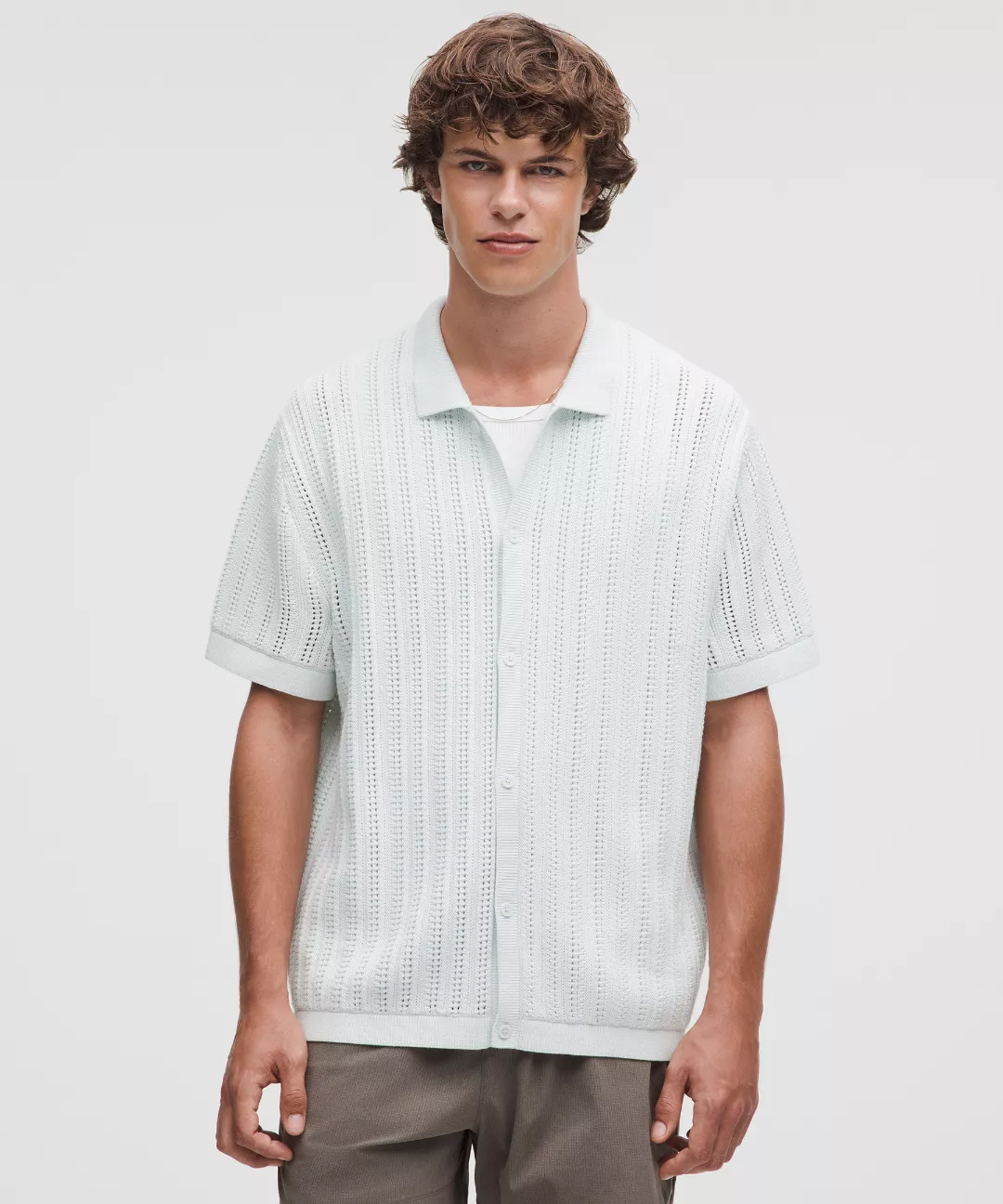 Cotton-Blend Open-Knit Button Up
