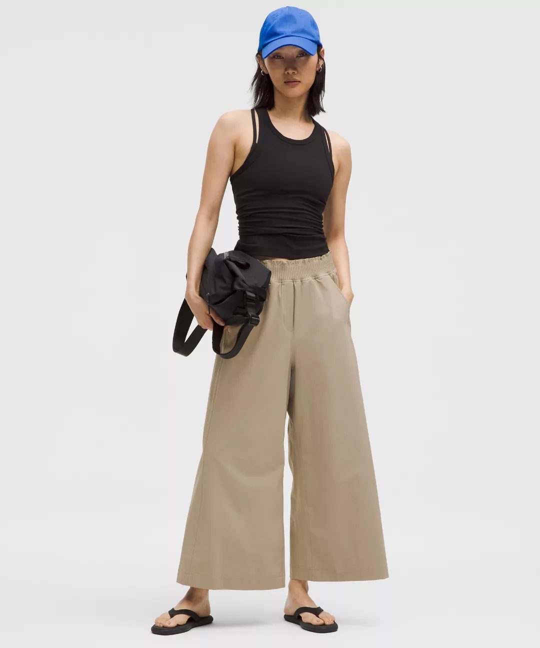 Stretch Woven Ruffle-Waist Wide-Leg Cropped Pant