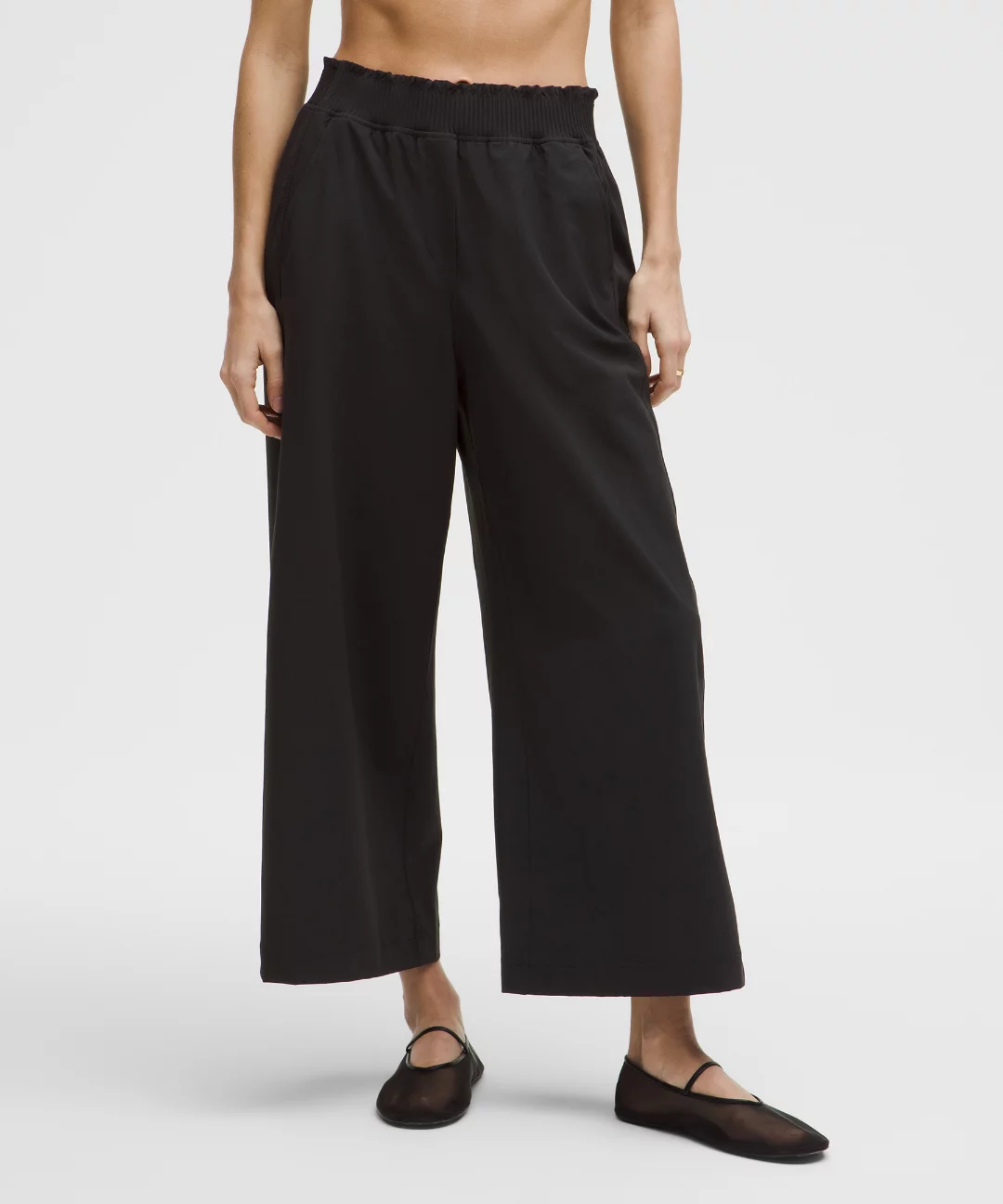 Stretch Woven Ruffle-Waist Wide-Leg Cropped Pant