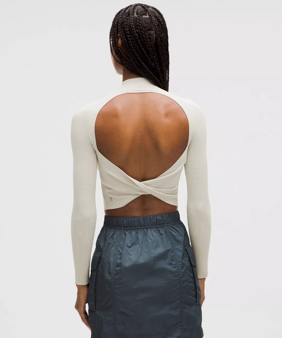 Ribbed-Knit Twist-Back Mockneck Sweater
