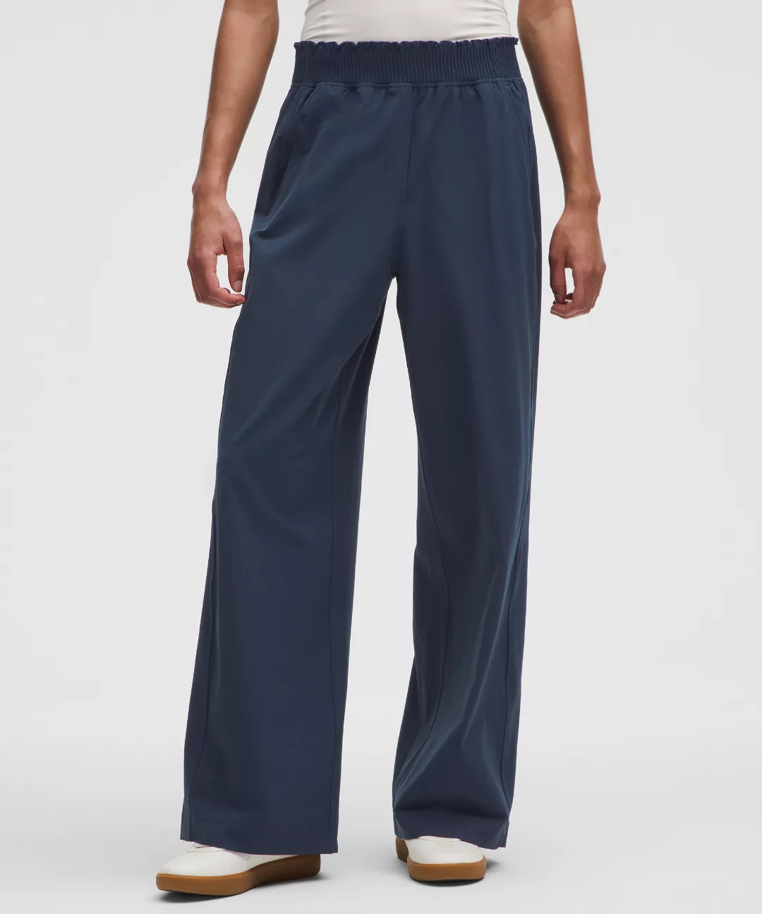 Stretch Woven Ruffle-Waist Wide-Leg Pant