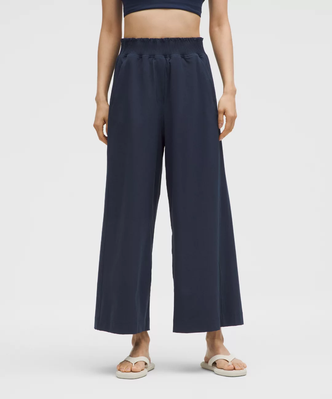 Stretch Woven Ruffle-Waist Wide-Leg Cropped Pant