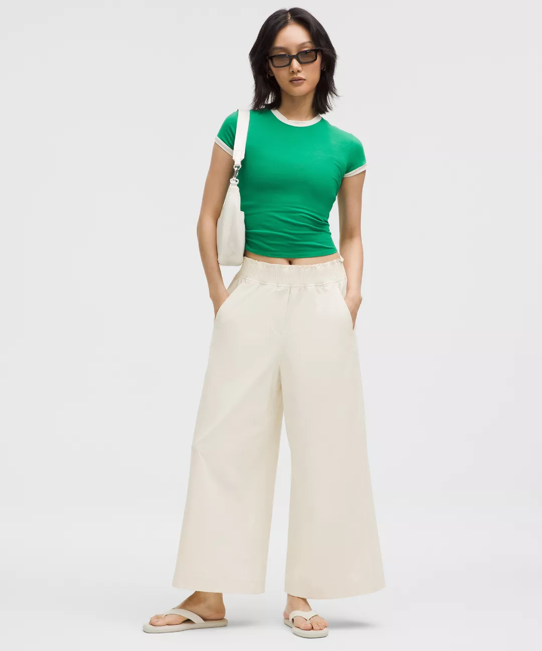 Stretch Woven Ruffle-Waist Wide-Leg Cropped Pant