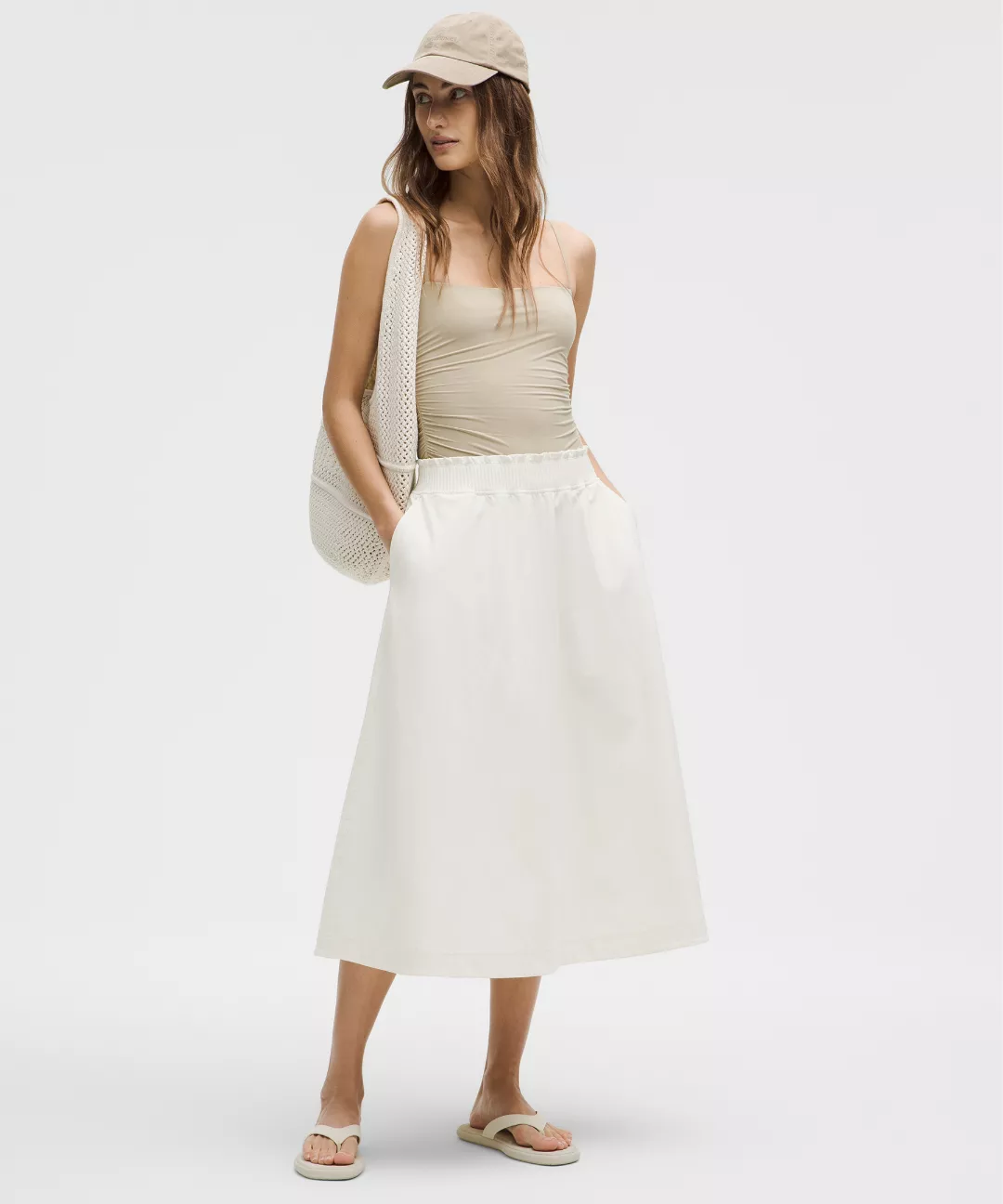 Stretch Woven Ruffle-Waist Midi Skirt