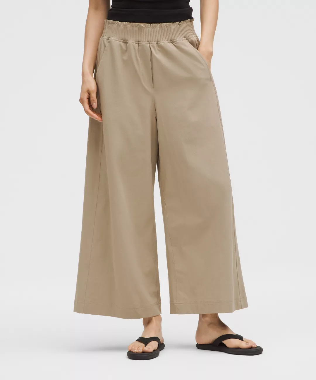 Stretch Woven Ruffle-Waist Wide-Leg Cropped Pant