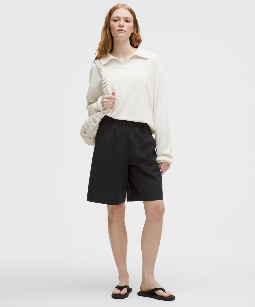 Stretch Woven Ruffle-Waist High-Rise Short 9"