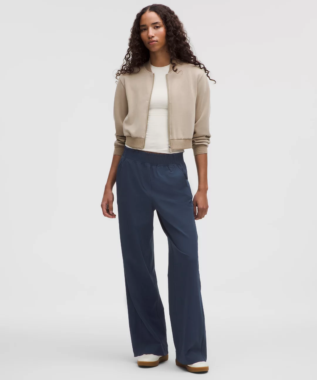 Stretch Woven Ruffle-Waist Wide-Leg Pant