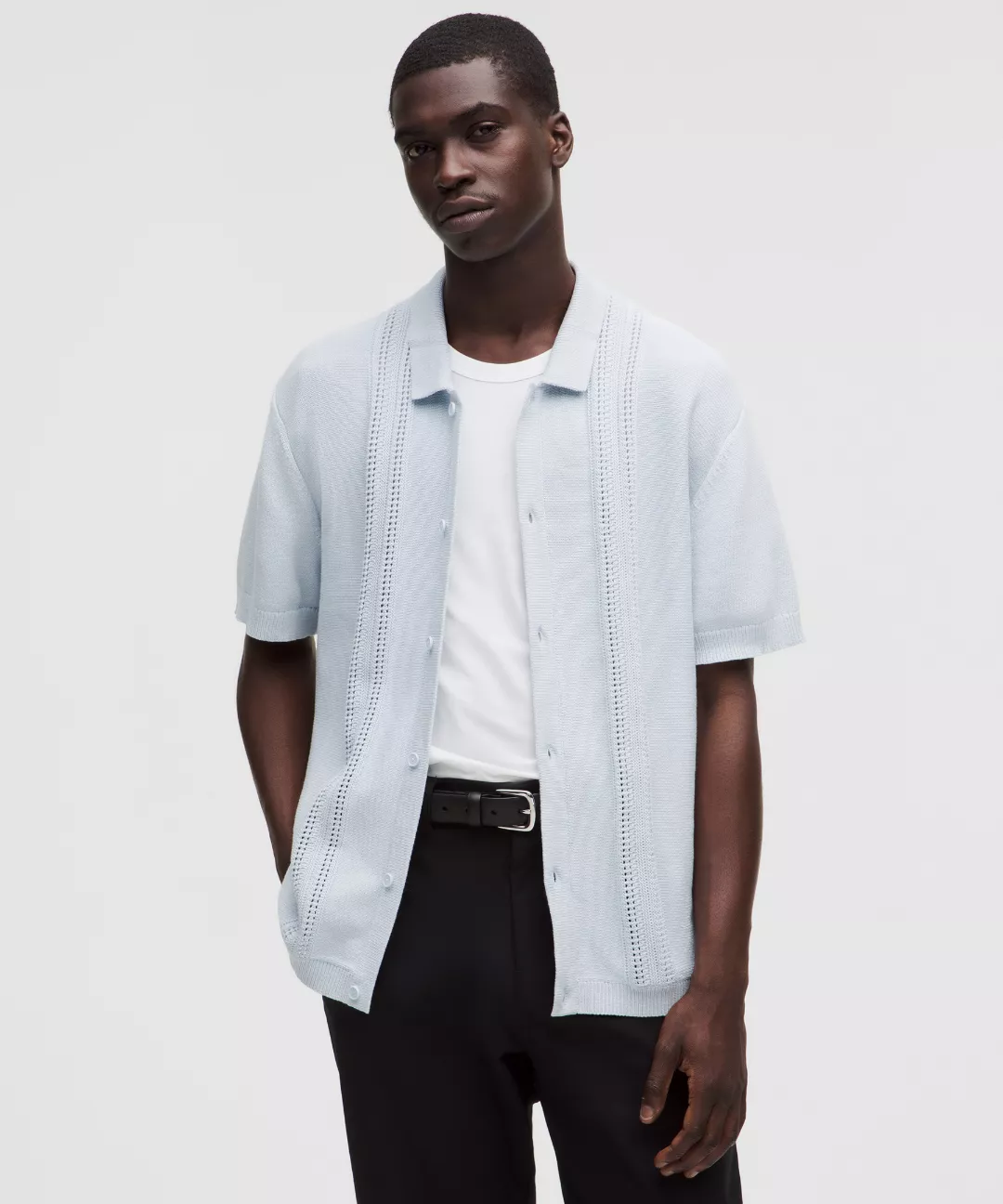 Cotton-Blend Knit Button Up Short-Sleeve Shirt