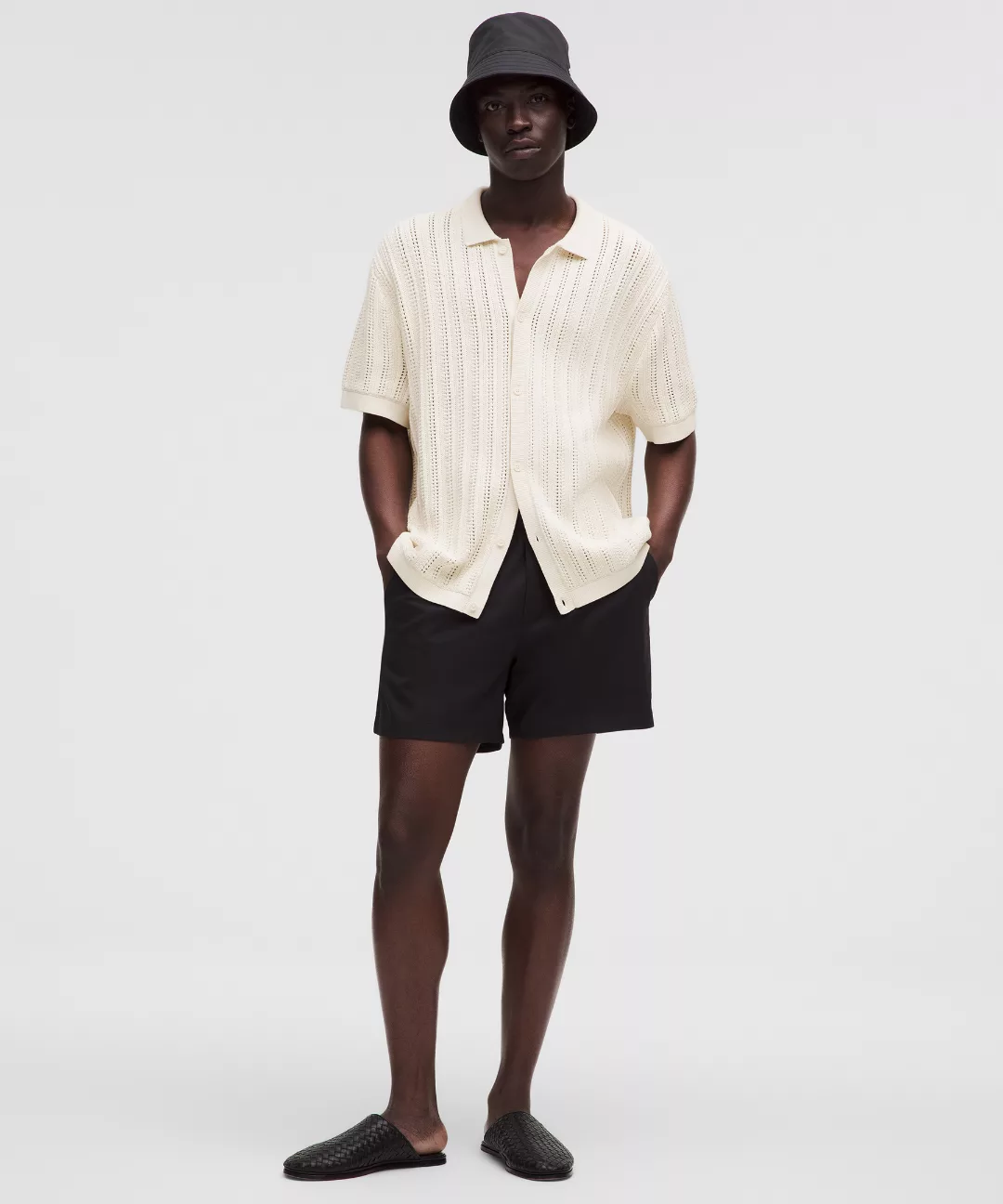 Cotton-Blend Open-Knit Button Up