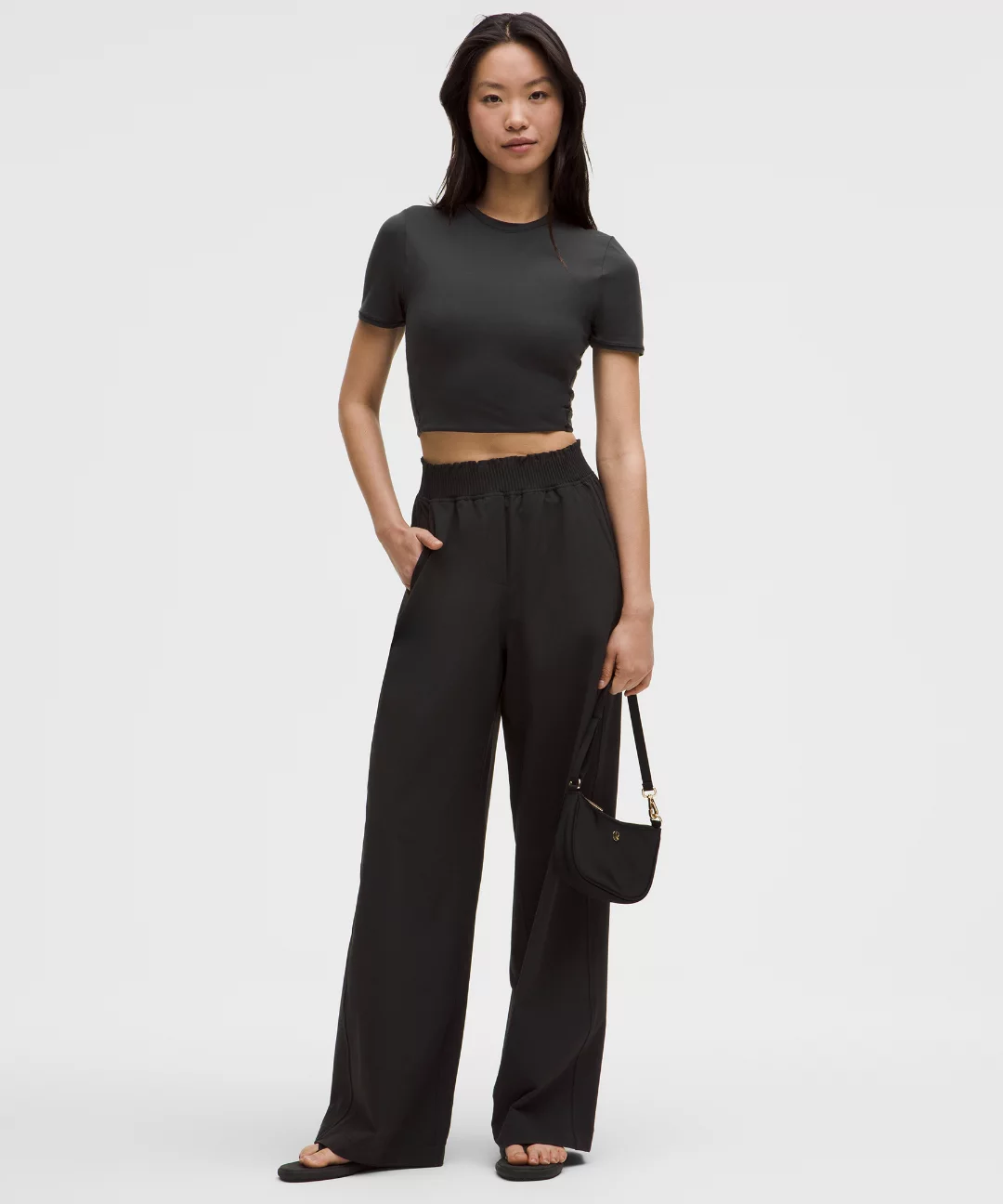 Stretch Woven Ruffle-Waist Wide-Leg Pant