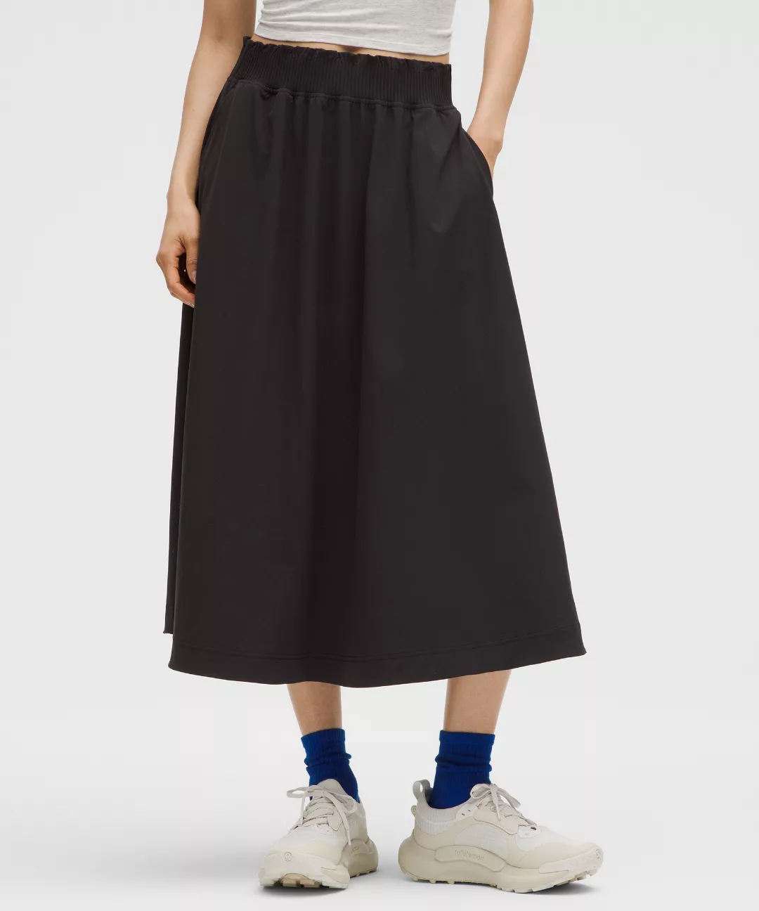 Stretch Woven Ruffle-Waist Midi Skirt