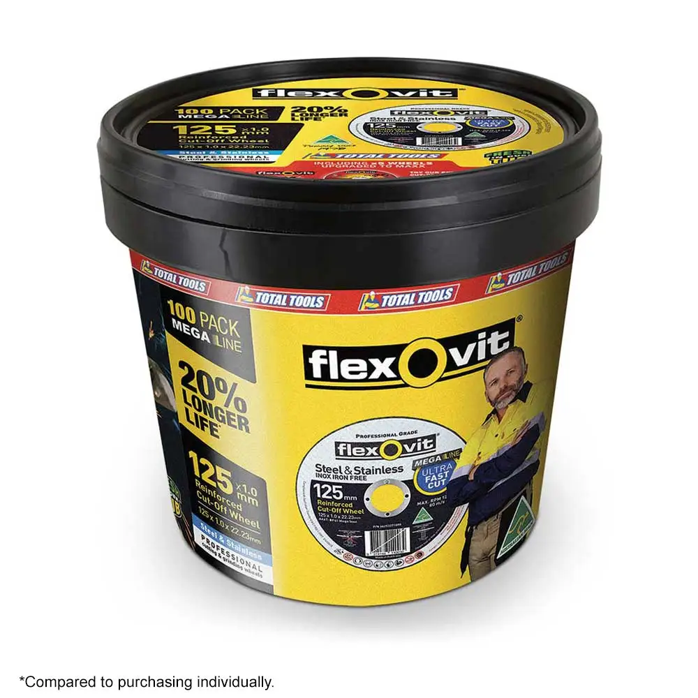 FLEXOVIT 100 Piece 125x1.0mm Cut-Off MEGA INOX & MAXX Discs Tub 66252850037