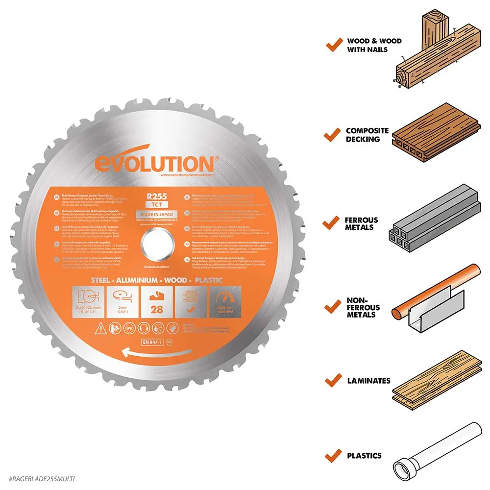 EVOLUTION 255mm 28T TCT Multi-Purpose Saw Blade - Rage RAGEBLADE255M