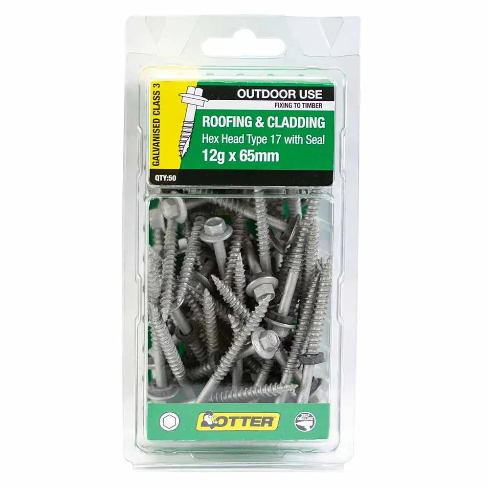 OTTER 50 Pack 12g x 65mm Hex Neo Timber Screw Type 17 Galv TING12652