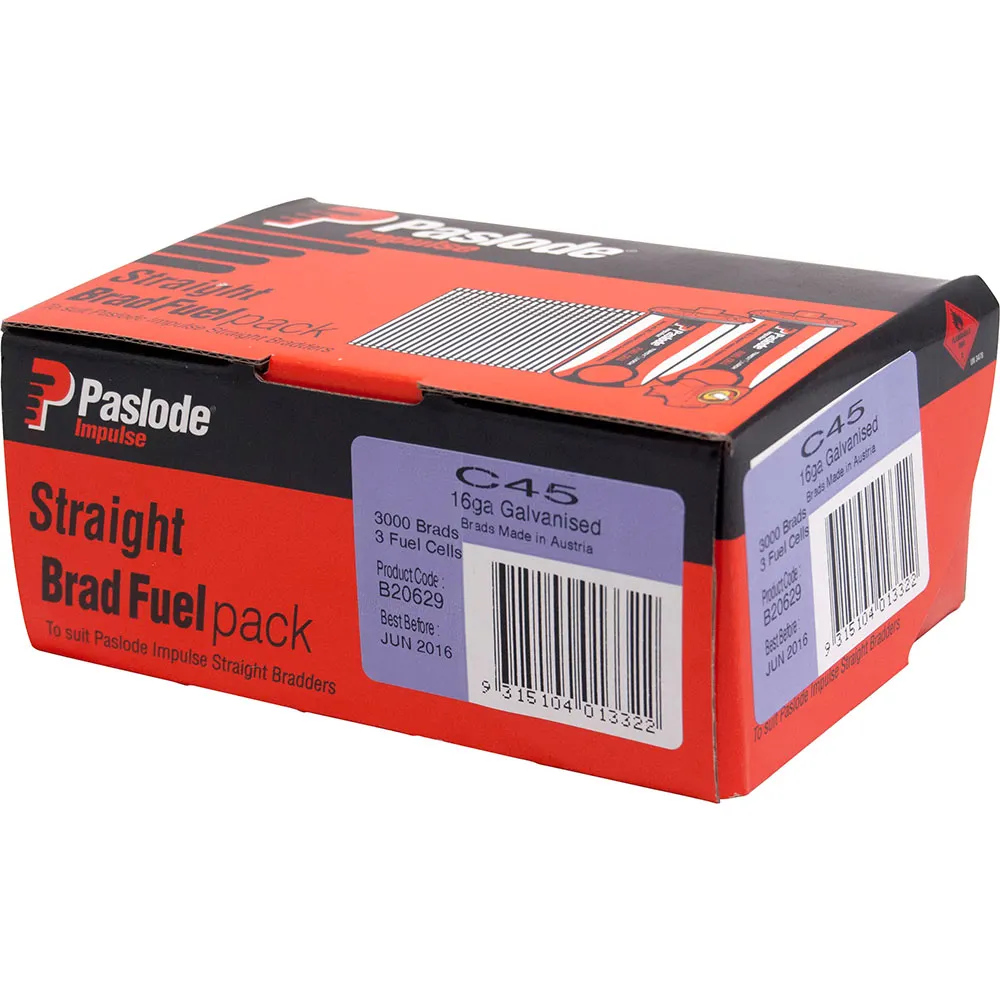 PASLODE 45 x 1.6mm Zinc Plated C45 Impulse Brad with Fuel 3000 pk B20629