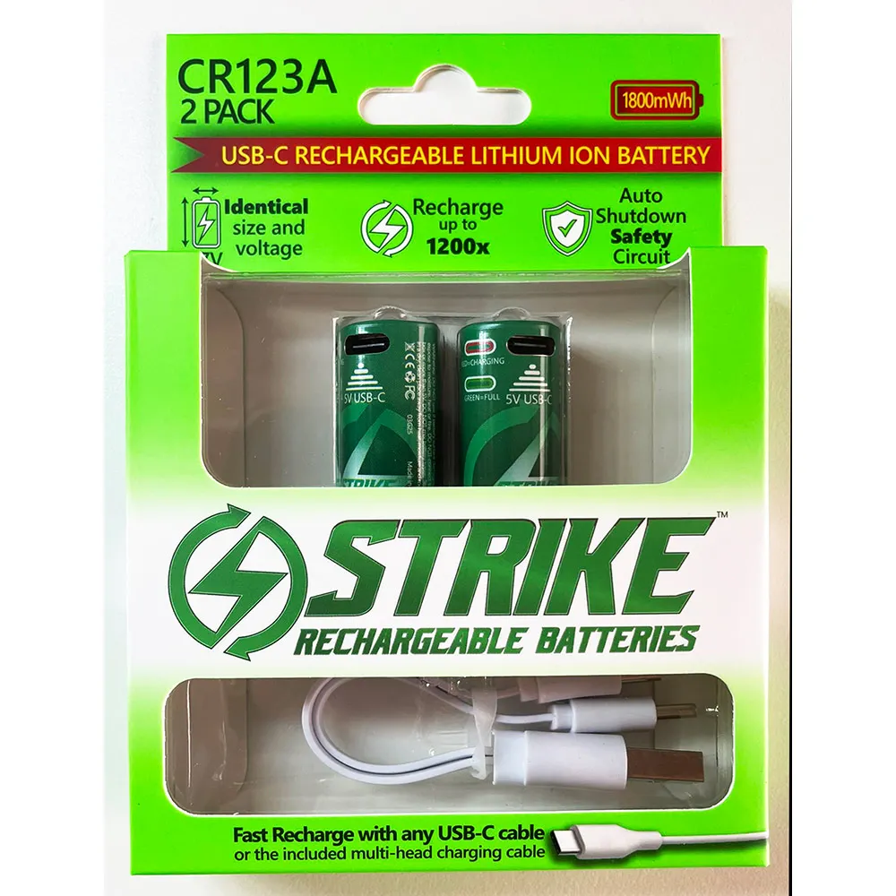 STRIKE 1800MW 3.7V USB-C Recharge Battery CR123A with Cable - 2 Pack A1912-2C