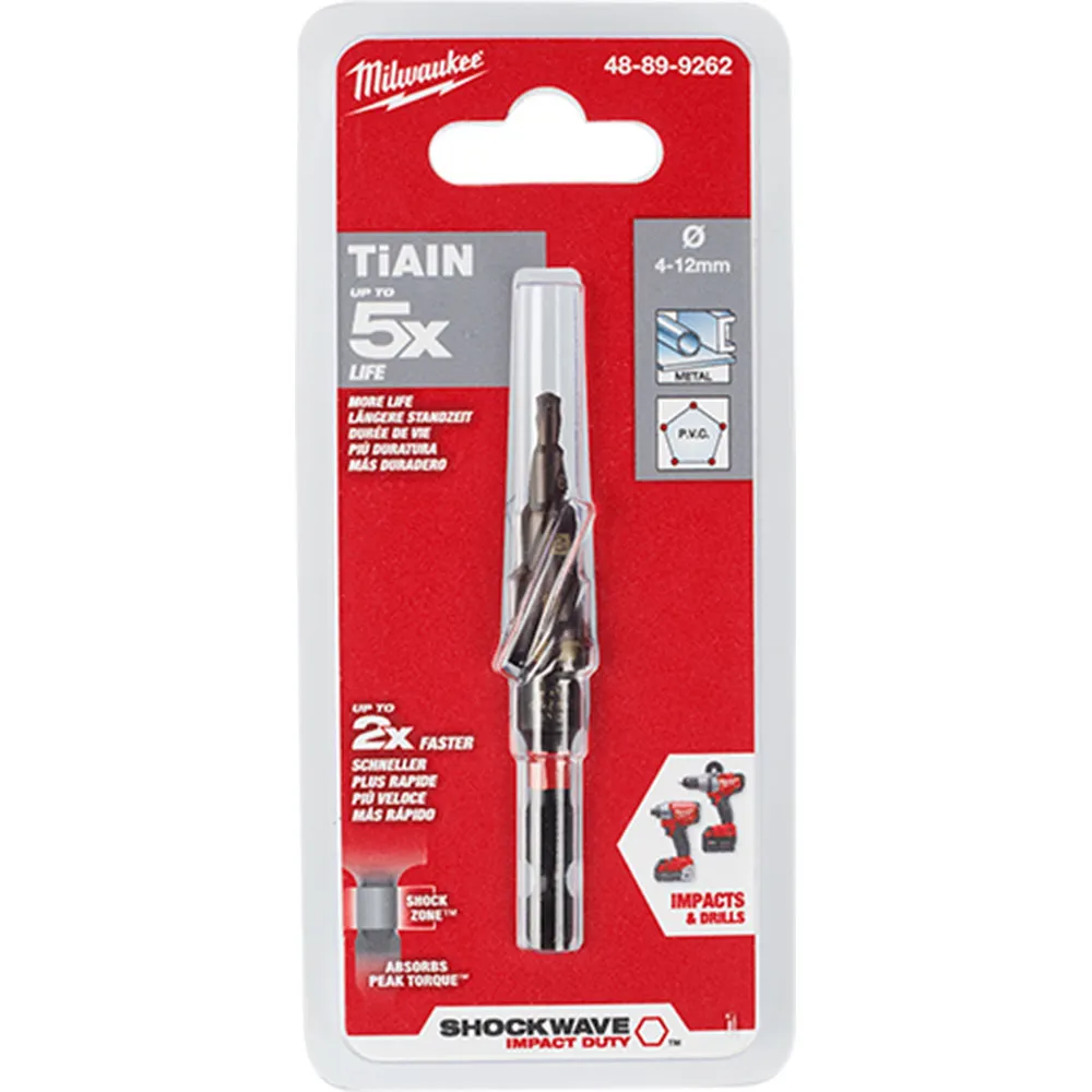 MILWAUKEE 4-12mm 5-Step 1/4-Hex HSS-TiAlN Spiral Flute Step Drill Bit - SHOCKWAVE 48899262