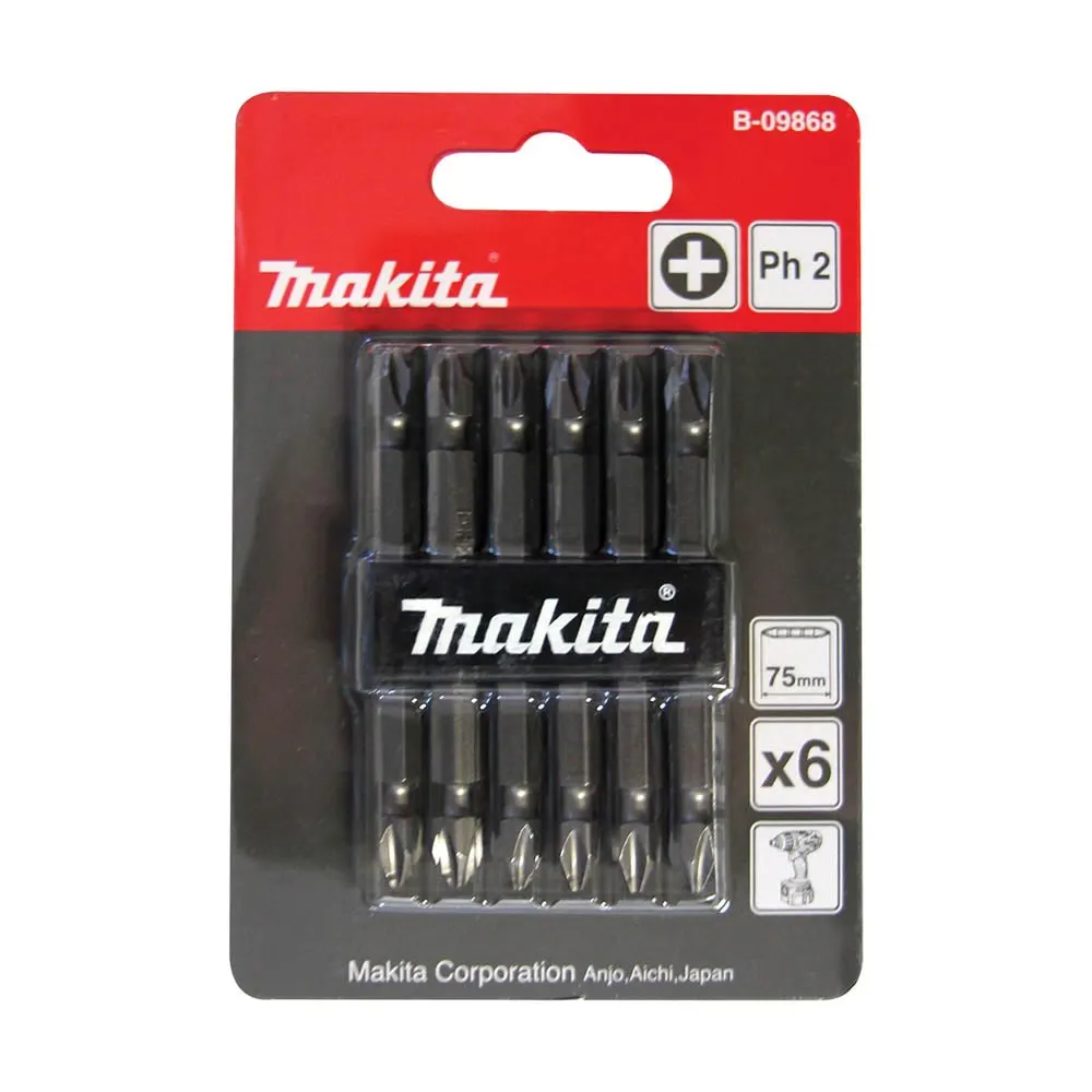 MAKITA PH2 x 75mm Double Ended Screwdriver Bit - 6 Piece B09868