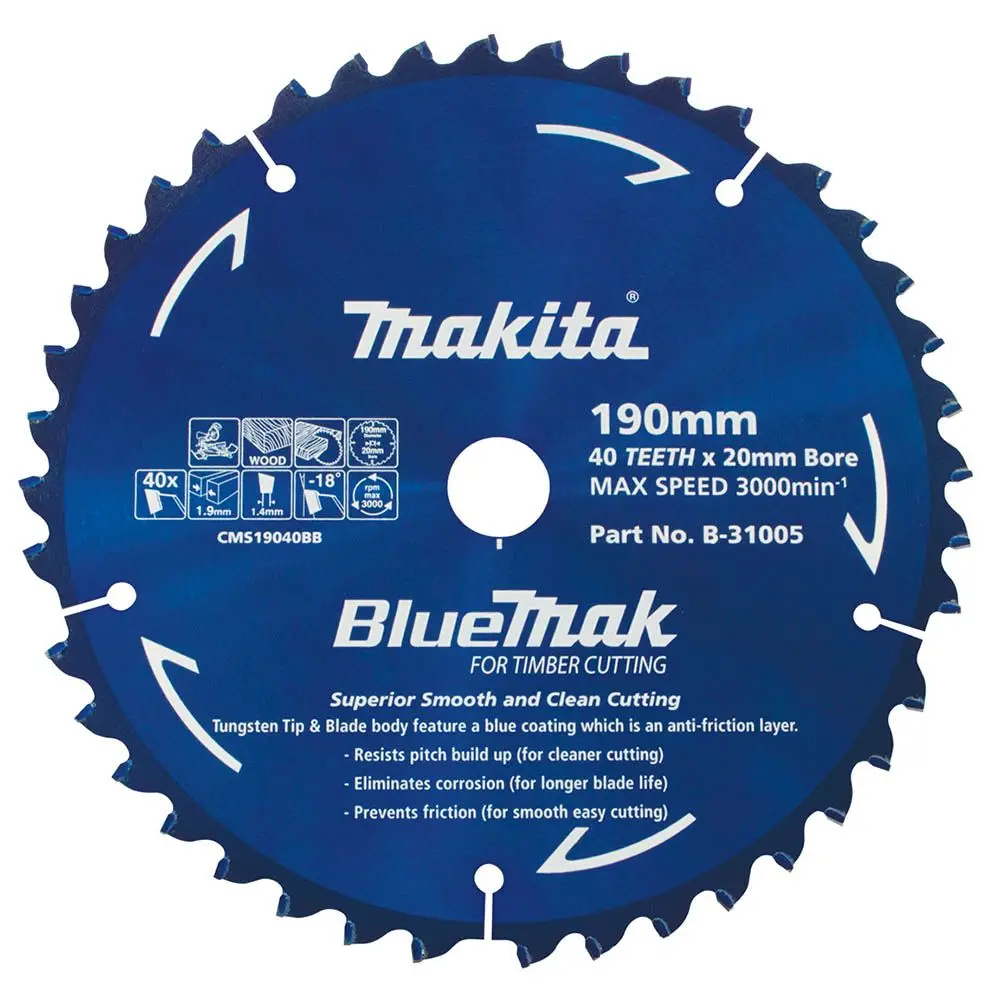 MAKITA 190mm 40T TCT Circular Saw Blade for Wood Cutting - Mitre Saws - BLUEMAK B-31005