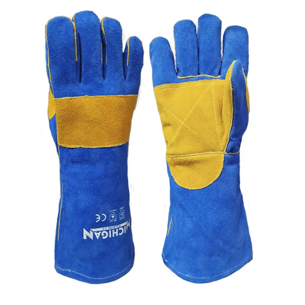 MICHIGAN 16inch Welding Cow Split Leather Gloves - Long Blue Kevlar MICWGBLUE