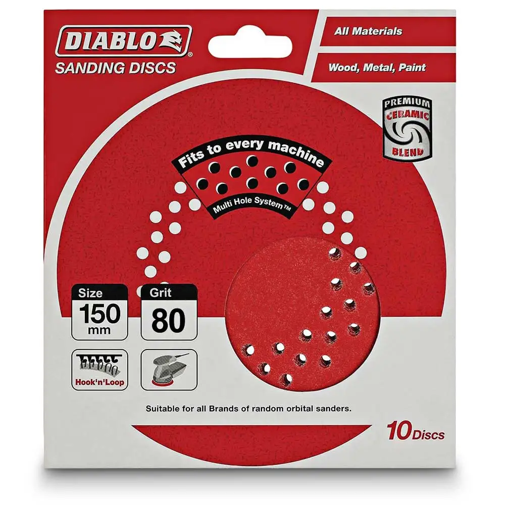 DIABLO 125mm 80-Grit Multi-Hole Hook & Loop Sanding Disc - 10 Piece 2608603272