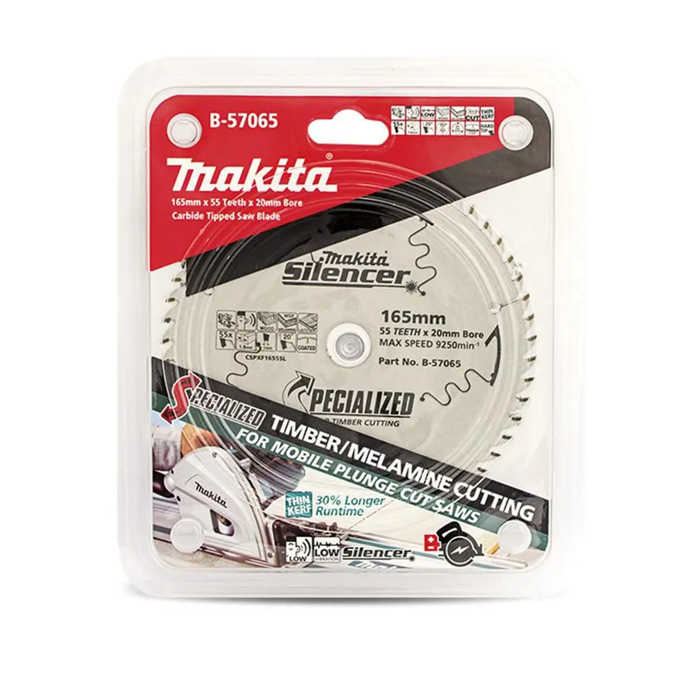 MAKITA 165mm 55T TCT Circular Saw Blade for Wood & Melamine Cutting - Plunge Saws - SPECIALIZED SILENCER
