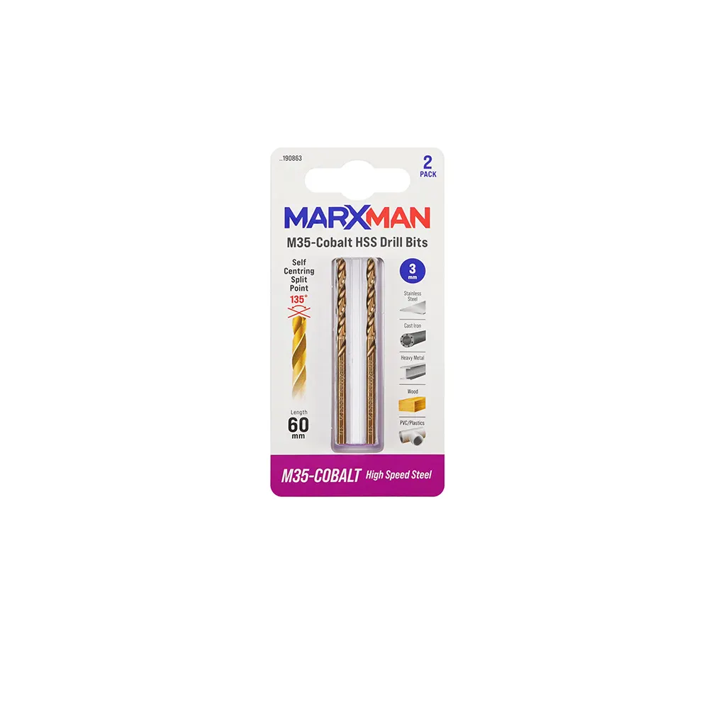 MARXMAN 3.0 x 60mm HSS-Cobalt Metal Jobber Drill Bit 2 Piece MHSSCO3MM2PC