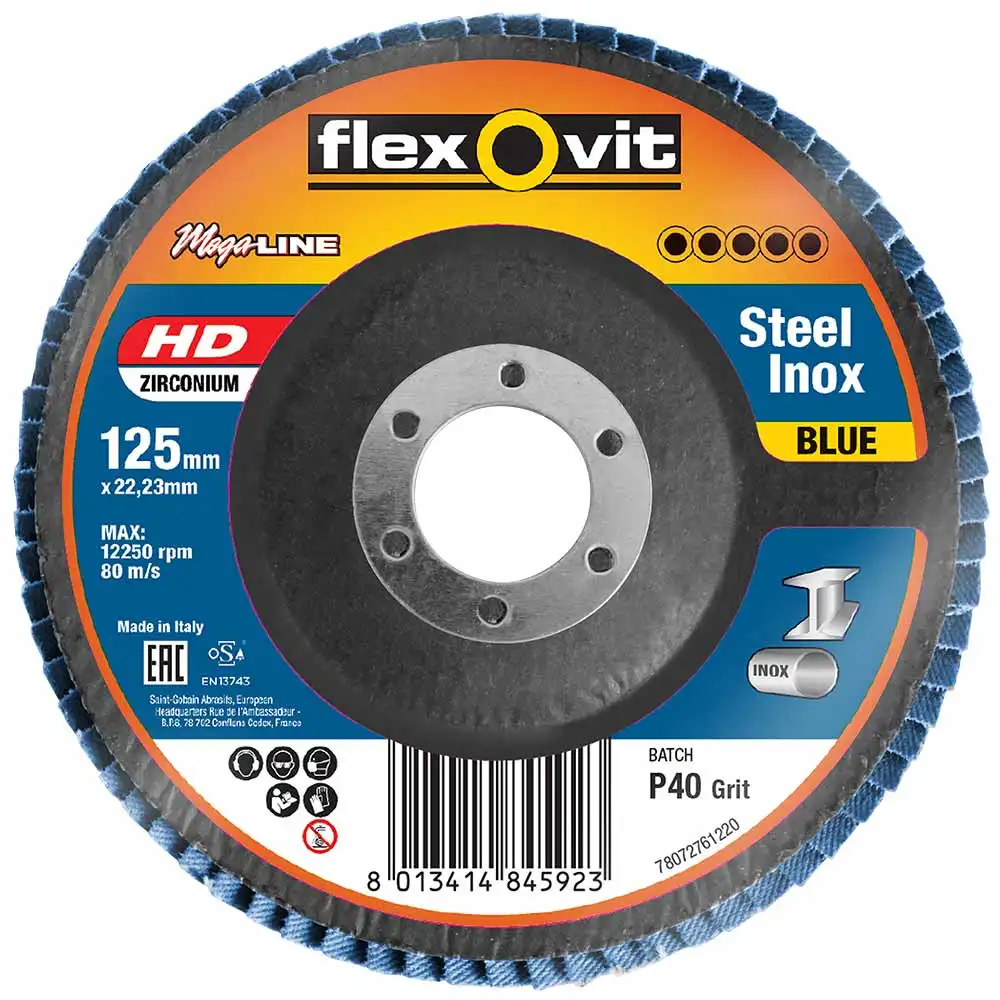FLEXOVIT 125mm 40-Grit Zirconia INOX Angled Flap Disc - MEGALINE 78072761220