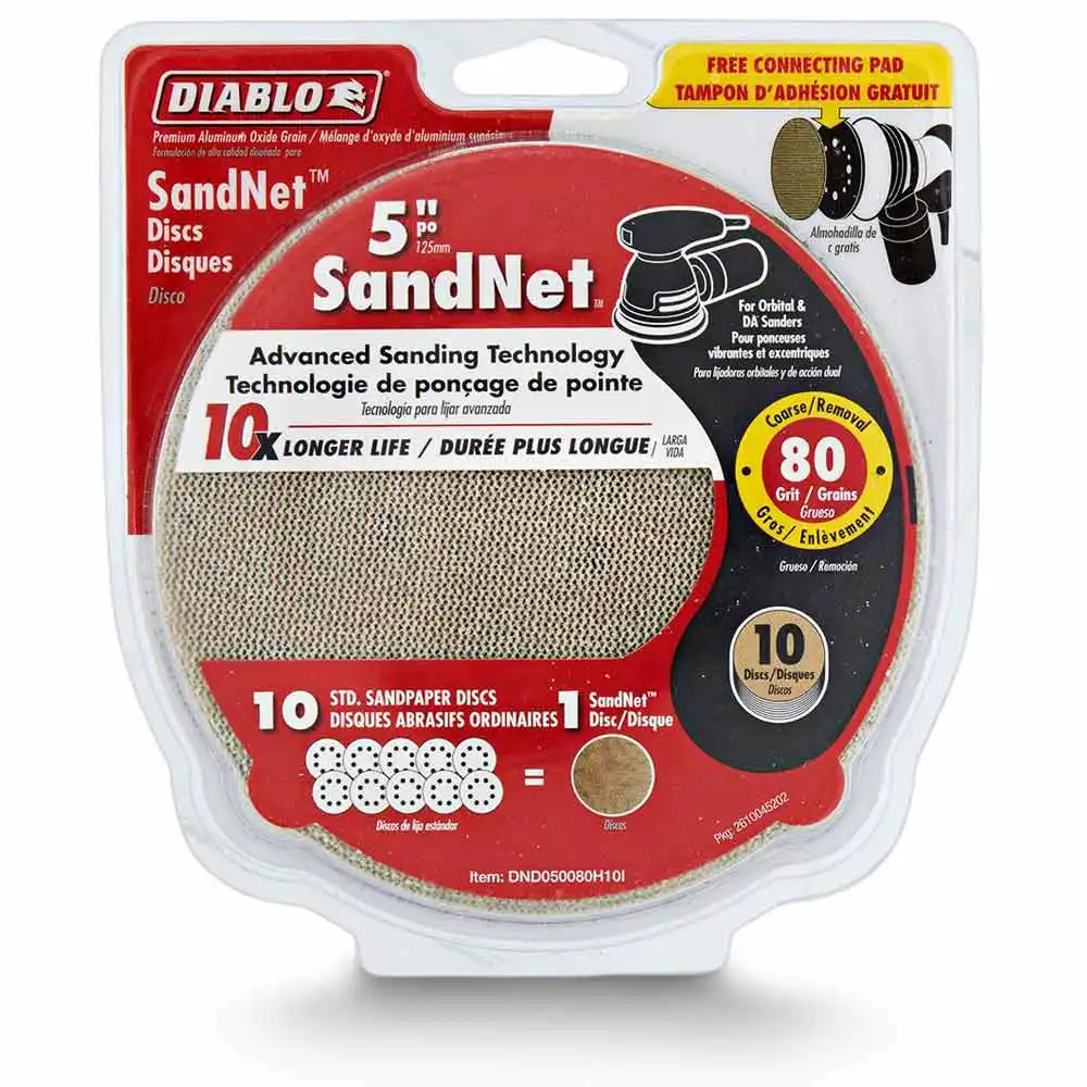 DIABLO 125mm 80-Grit Net Hook & Loop Sanding Disc & Connection Pad - SANDNET - 10 Piece