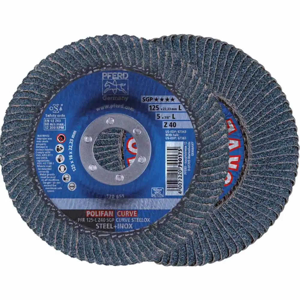 PFERD 125mm 40-Grit Zirconia Curved Flap Disc - POLIFAN STEELOX