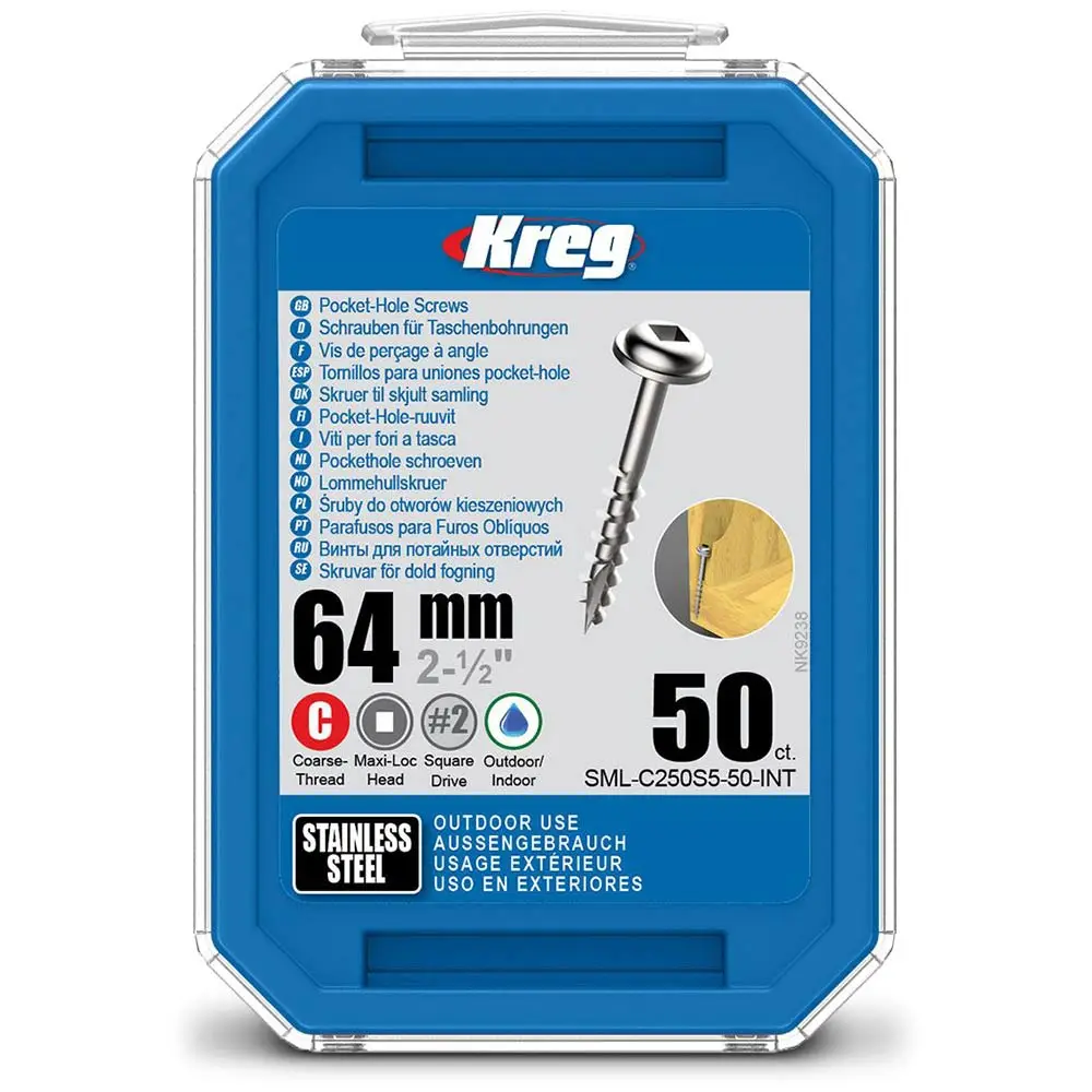 KREG Pocket Hole Screws Coarse Stainless Steel 64mm - 50 Piece KR-SMLC250S5-50