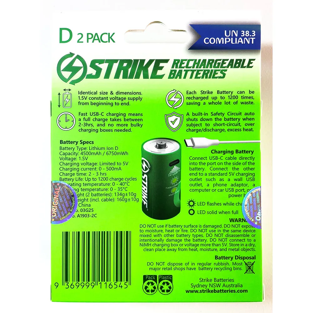 STRIKE 6750MW 1.5V USB-C Rechargable Battery D with Cable - 2 Pack A1903-2C