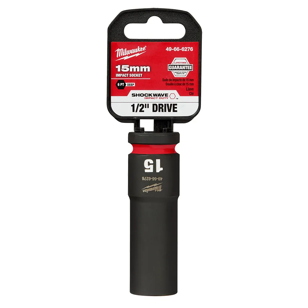 MILWAUKEE 1/2inch Drive 15mm Deep 6 Point Impact Socket - SHOCKWAVE 49666276