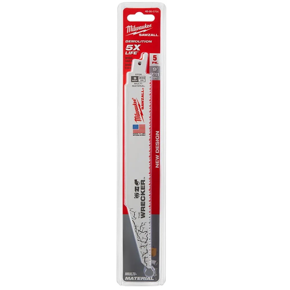 MILWAUKEE 230mm 7/11TPI Bi-Metal Reciprocating Saw Blade for Wood & Metal Demolition - THE WRECKER - 5 Piece 48005706