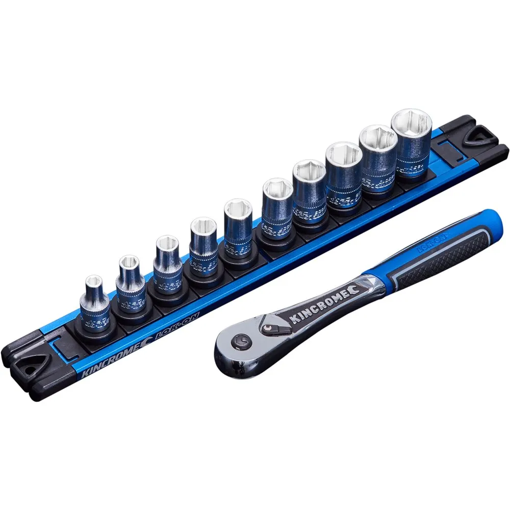 KINCROME 11 Piece Lok-On 1/4 Drive Metric Socket Set Twist-Lock Rail K27040