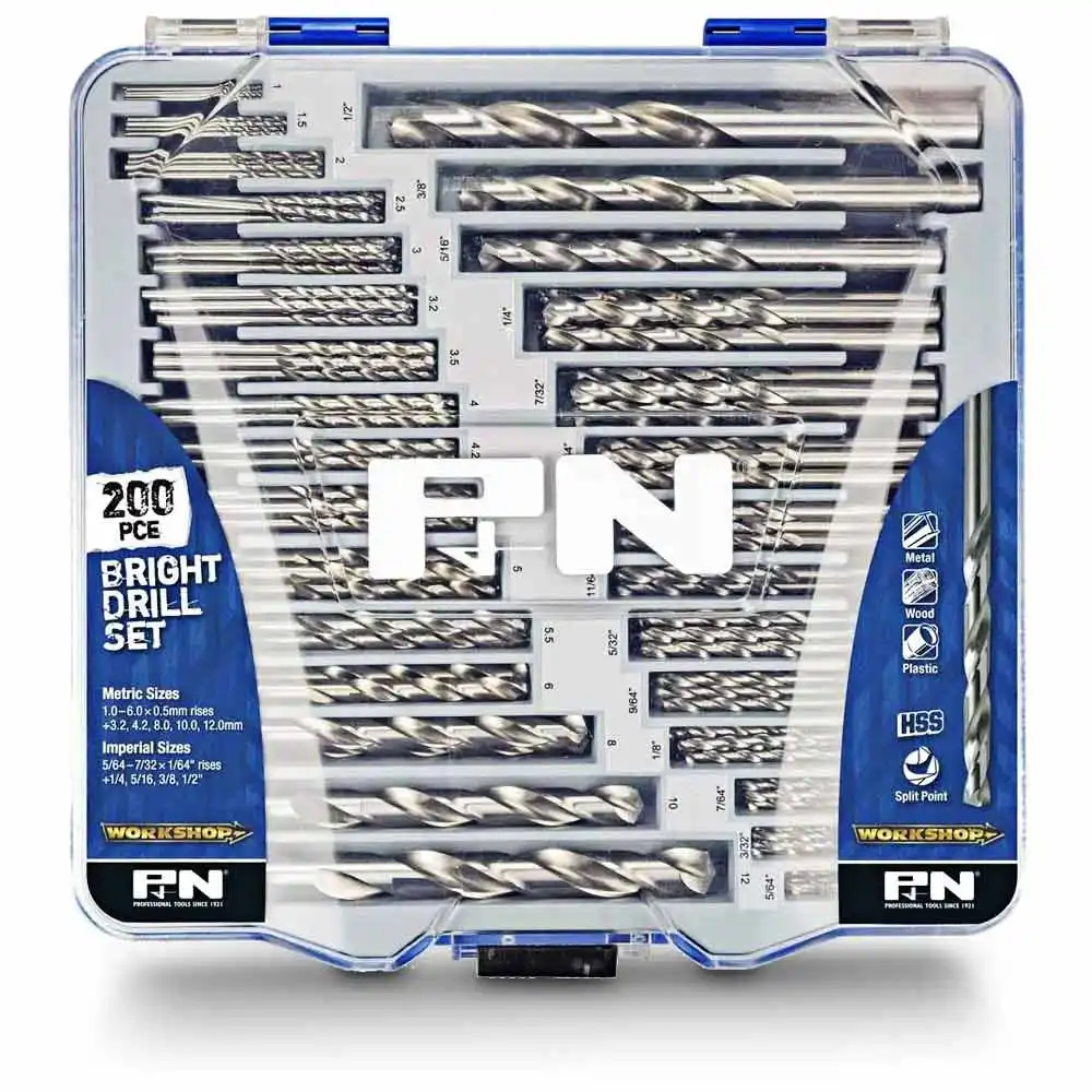 P&N WORKSHOP 1-12mm & 5/64 - 1/2inch Metric & Imperial HSS-Bright Jobber Drill Bit Set - 200 Piece