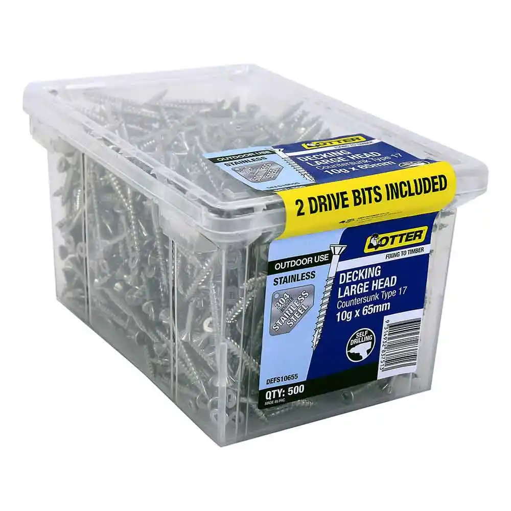 OTTER 500 Pack 10g x 65mm 304S/S Wideboy Decking Screw with 2x25mm SQ3 Bits DEFS10655