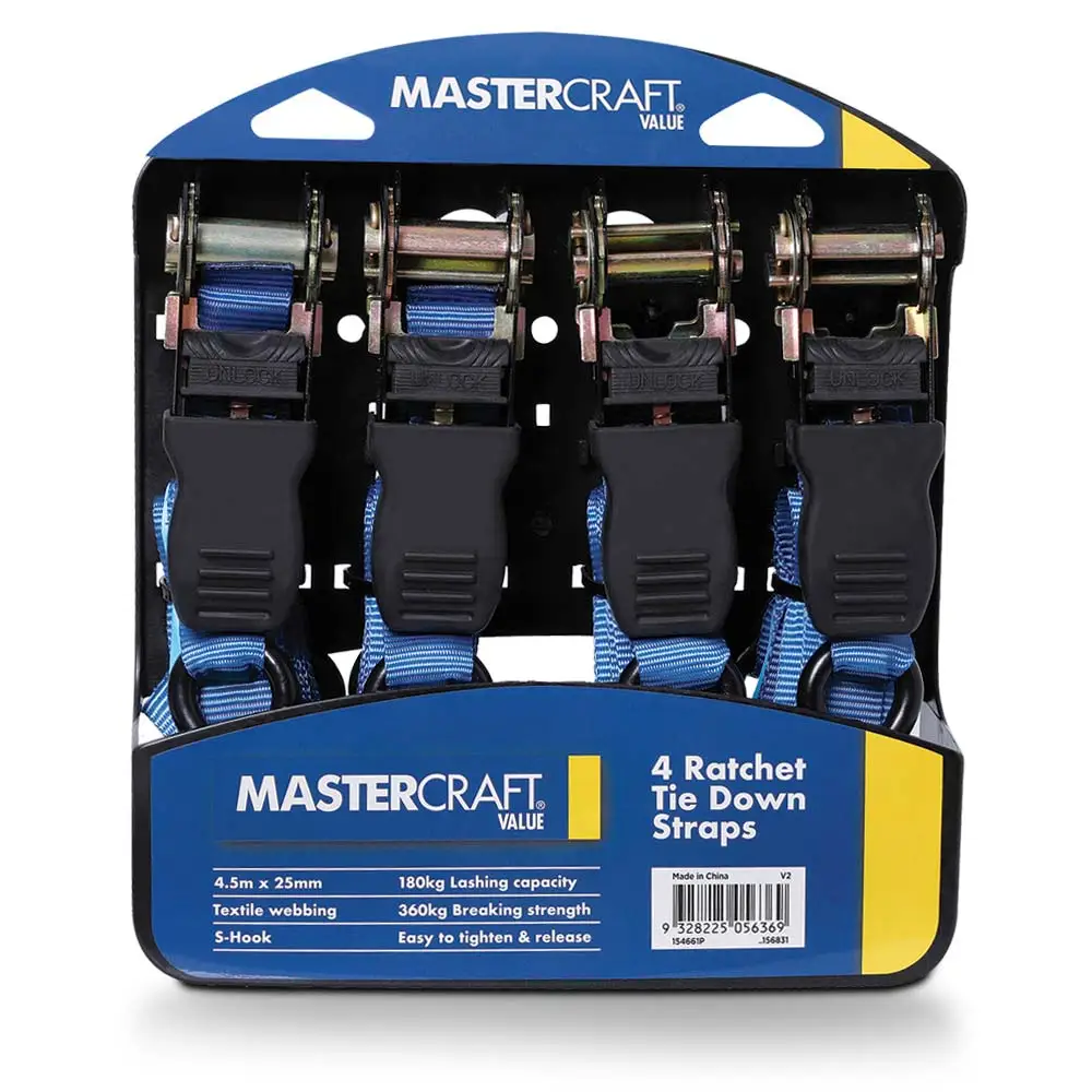 MASTERCRAFT 180kg Ratchet Tie Down Strap - 4 Pack MCTDS4SETS3