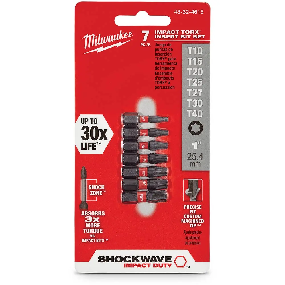 MILWAUKEE T10-T40 Torx Insert Impact Screwdriver Bit Set - SHOCKWAVE - 7 Piece 48324615