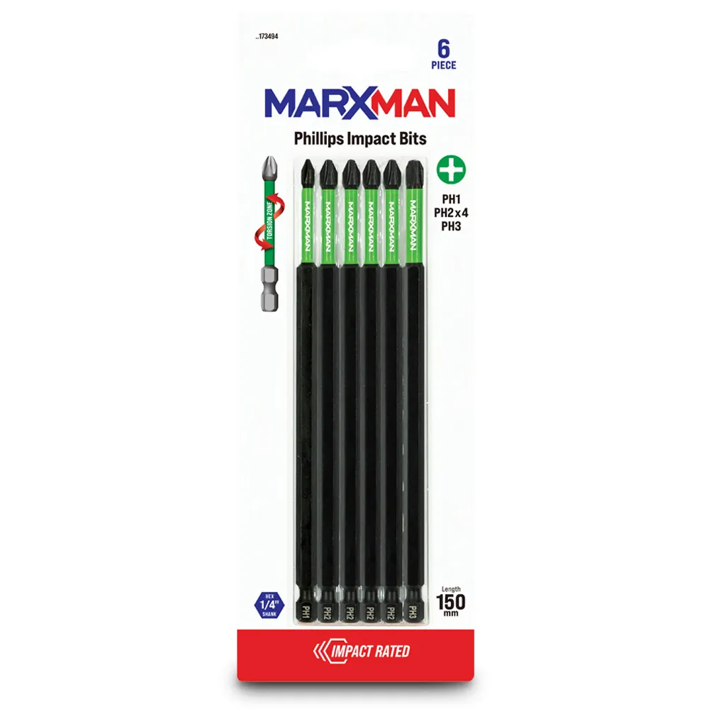 MARXMAN PH1-3x150mm Phillips Impact Screwdriver Bit - 6 Piece MSDBPM1506PC