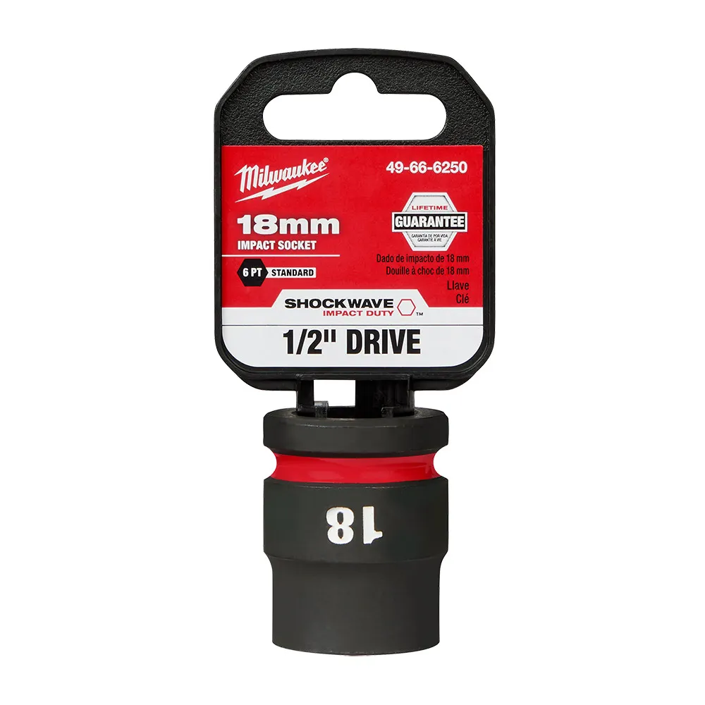 MILWAUKEE 1/2inch Drive 18mm Standard 6 Point Impact Socket - SHOCKWAVE 49666250