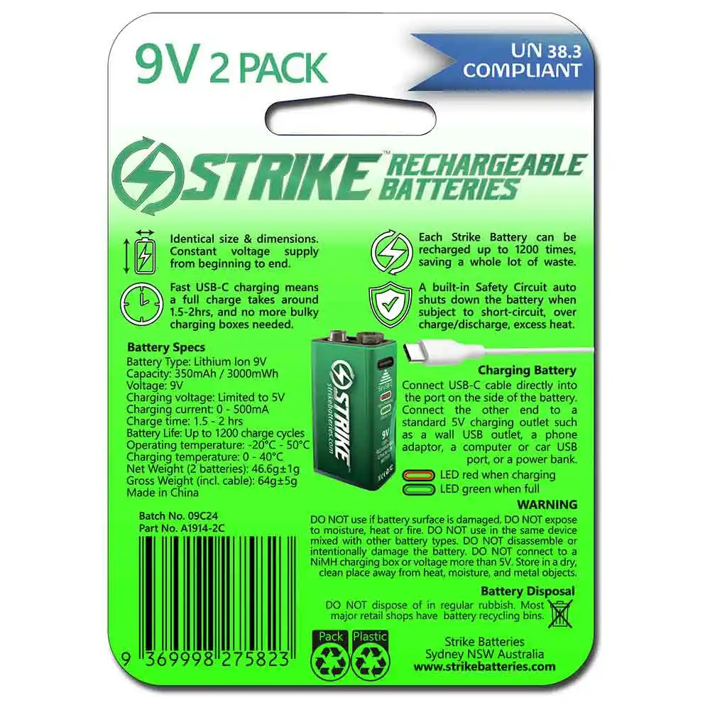 STRIKE 9V USB C 3000mw Battery With Cable - 2 Pack A1914-2C