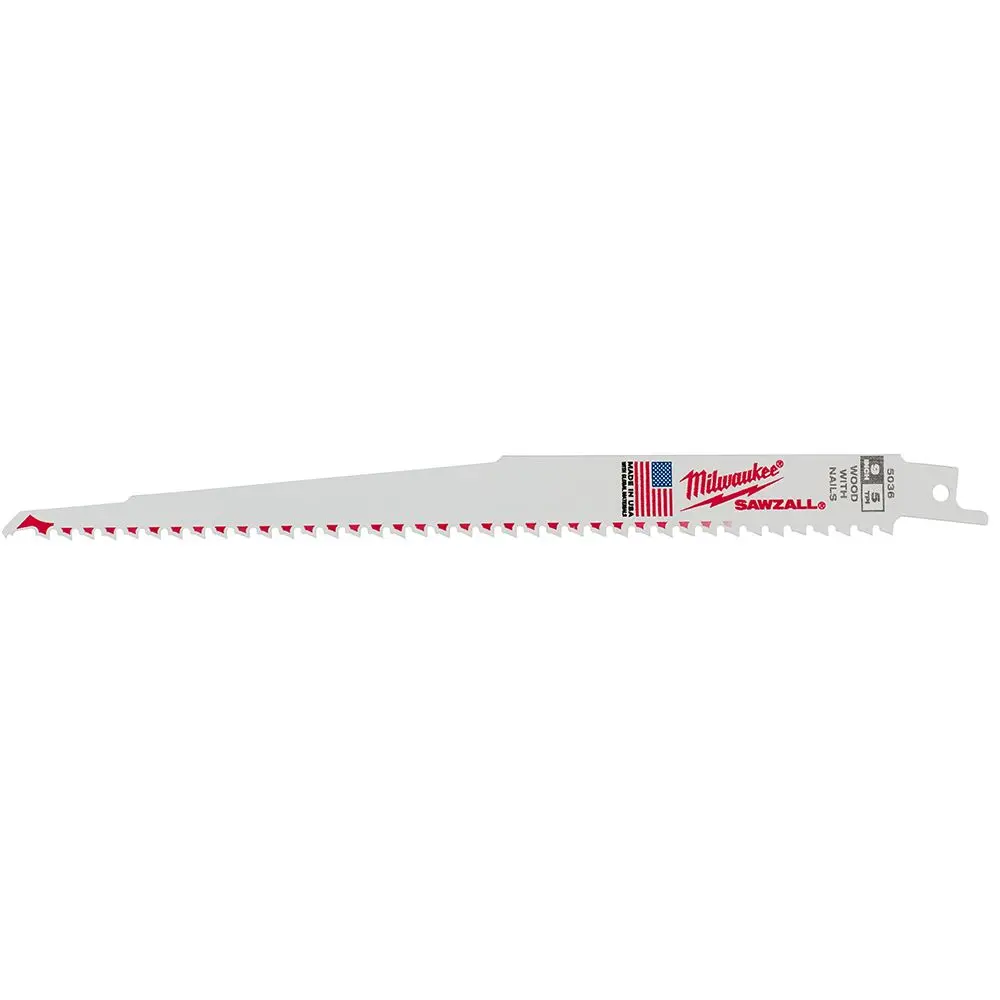 MILWAUKEE 230mm 5TPI Bi-Metal Reciprocating Saw Blade for Wood/Nail Cutting - THIN KERF - 5 Piece 48005036