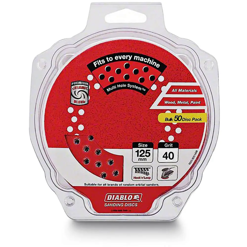 DIABLO 125mm 40-Grit Multi-Hole Hook & Loop Sanding Disc - 50 Piece