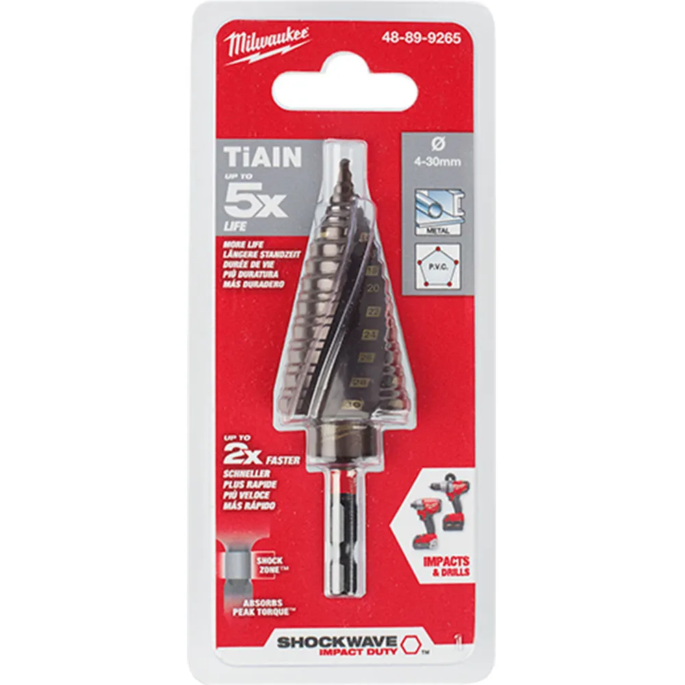 MILWAUKEE 4-30mm 14-Step 1/4-Hex HSS-TiAlN Spiral Flute Step Drill Bit - SHOCKWAVE 48899265