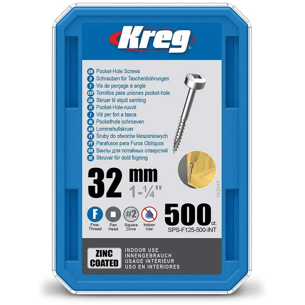 KREG Pocket Hole Screws Fine Pan Head Zinc 32mm - 500 Piece KR-SPSF125-500